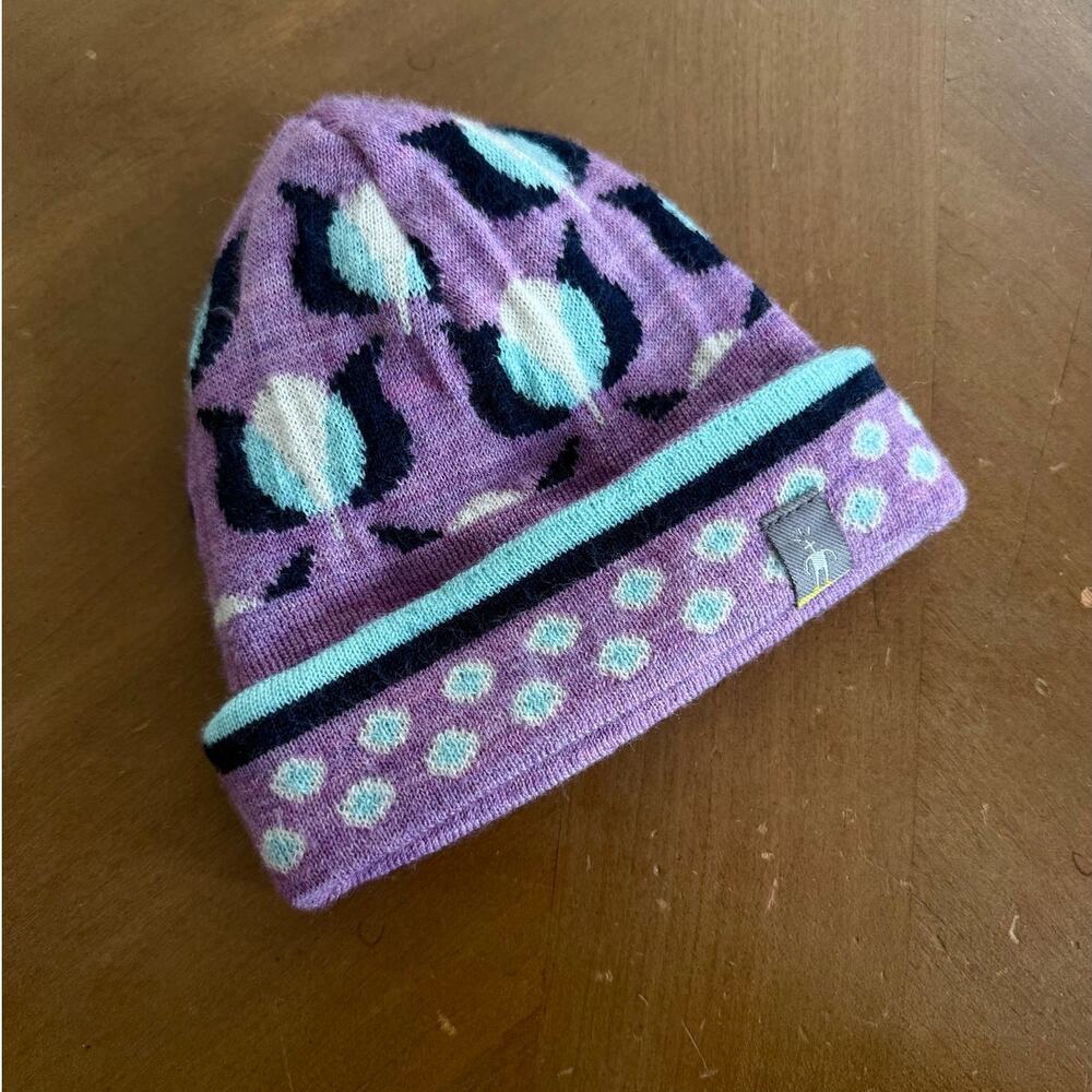 Smartwool Hat Baby Infant Cuffed Beanie Merino Wool 6-12 Mos. Purple Blue Tulips